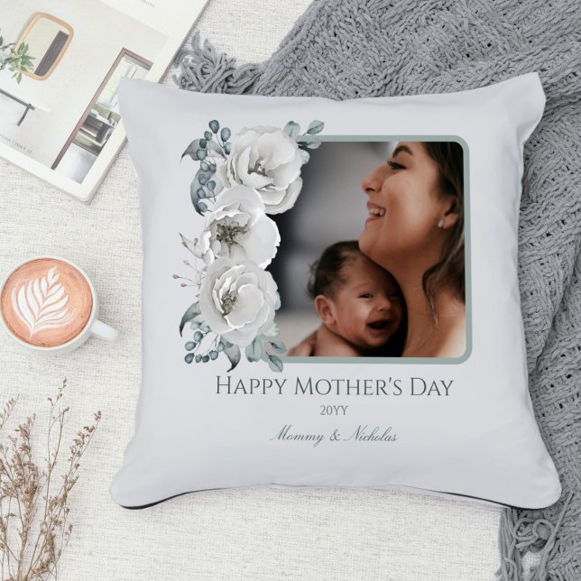 Waterverf Bloemen Foto Moederdag Kussen (Watercolor Floral Photo Mother' s Day Throw Pillow)