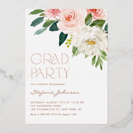  Waterverf bloemen Garden Graduation Party Folie Uitnodiging (Voorkant)