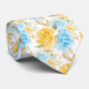 Waterverf Bloemen Geel Blauwe Rozen Stropdas