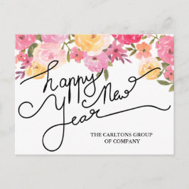 Waterverf Bloemen Gelukkig Nieuwjaar Typografie Feestdagenkaart