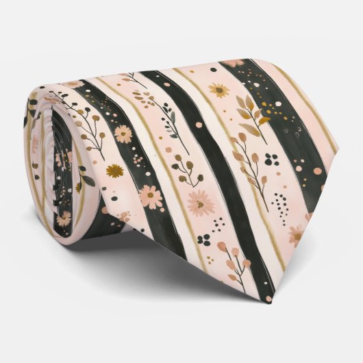 Waterverf Bloemen Gestreepte Zwart Goud Roze Huwel Stropdas (Opgerold)
