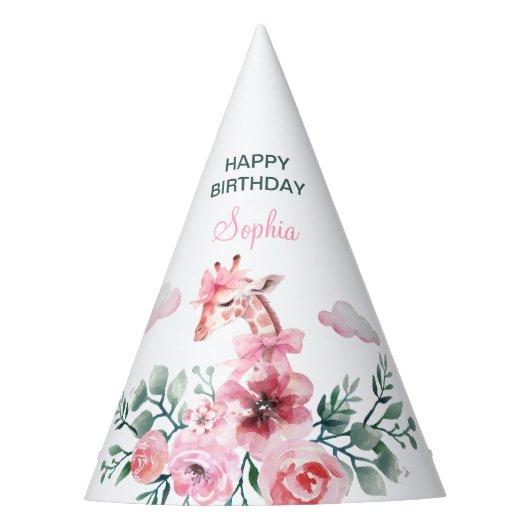 Waterverf Bloemen Giraffe Lint Meisje Verjaardag Feesthoedjes (Voorkant)