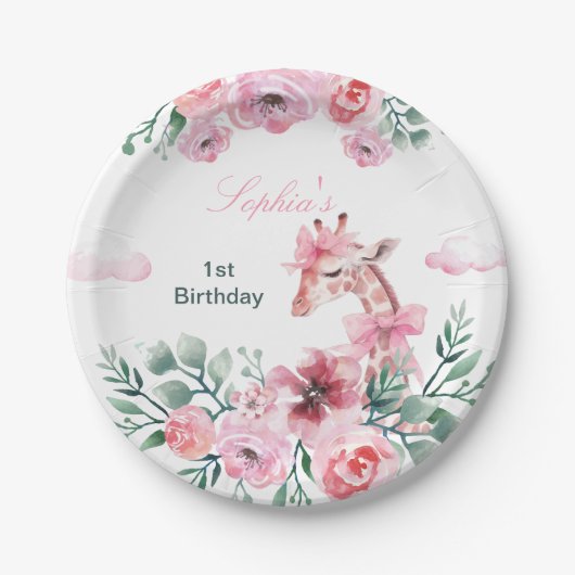 Waterverf Bloemen Giraffe Lint Meisje Verjaardag Papieren Bordje (Voorkant)