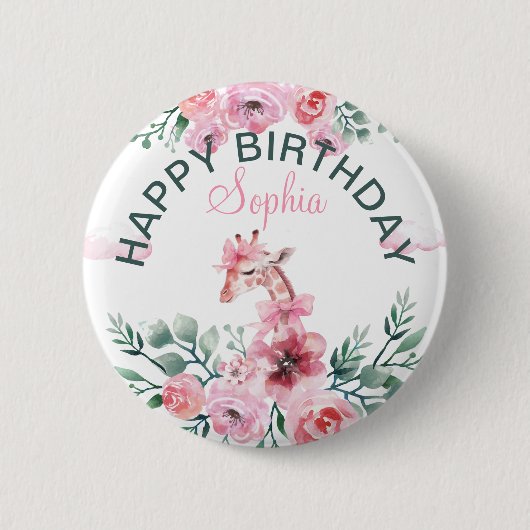 Waterverf Bloemen Giraffe Lint Meisje Verjaardag Ronde Button 5,7 Cm (Voorkant)