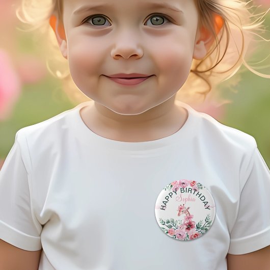 Waterverf Bloemen Giraffe Lint Meisje Verjaardag Ronde Button 5,7 Cm