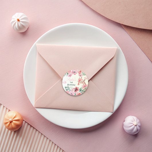 Waterverf Bloemen Giraffe Lint Meisje Verjaardag Ronde Sticker