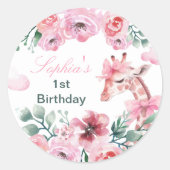 Waterverf Bloemen Giraffe Lint Meisje Verjaardag Ronde Sticker (Voorkant)