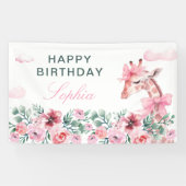 Waterverf Bloemen Giraffe Meisje Verjaardag Banner (Horizontaal)