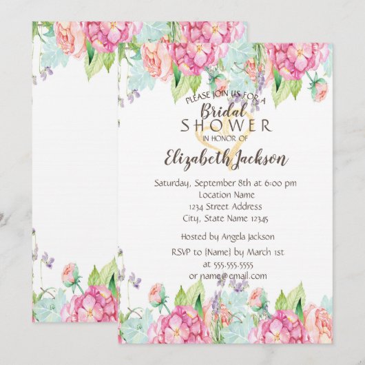 Waterverf Bloemen Glitter Hart Bruidsdouche Kaart (Voorkant / Achterkant)