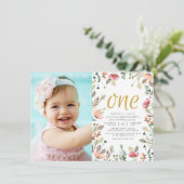 Waterverf bloemen Goud 1 eerste verjaardag Foto Kaart (Staand voorkant)