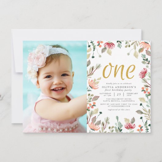 Waterverf bloemen Goud 1 eerste verjaardag Foto Kaart (Voorkant)