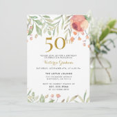 Waterverf Bloemen & Goud 50ste Verjaardagsfeest Kaart (Staand voorkant)