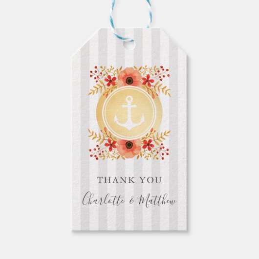 Waterverf Bloemen Goud Anker Bruiloft Dank u Cadeaulabel (Voorkant)