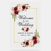 Waterverf Bloemen Goud Bourgondië Bruiloft Welkom Acryl Bord (Voorkant)