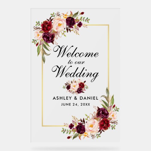 Waterverf Bloemen Goud Bourgondië Bruiloft Welkom Acryl Bord (Voorkant)