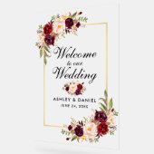 Waterverf Bloemen Goud Bourgondië Bruiloft Welkom Acryl Bord (Hoek)