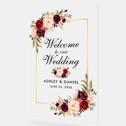 Waterverf Bloemen Goud Bourgondië Bruiloft Welkom Acryl Bord (Hoek)