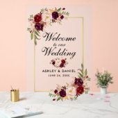 Waterverf Bloemen Goud Bourgondië Bruiloft Welkom Acryl Bord (Huwelijk)