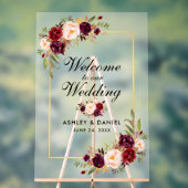 Waterverf Bloemen Goud Bourgondië Bruiloft Welkom Acryl Bord (Neutraal)