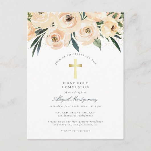 Waterverf bloemen Goud kruis Eerste Heilige Commun Uitnodiging Briefkaart (Voorkant)