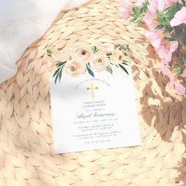 Waterverf bloemen Goud kruis Eerste Heilige Commun Uitnodiging Briefkaart