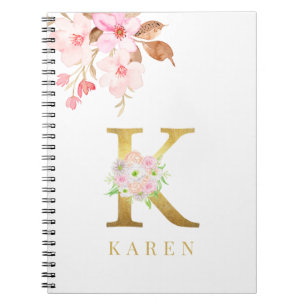 Waterverf Bloemen & Goud Letter k Monogram Notitieboek