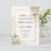 Waterverf Bloemen Goud Lijst Moslim Bruiloft Kaart (Staand voorkant)
