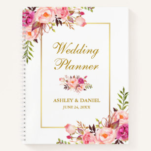 Waterverf Bloemen Goud Roze Blush Bruiloft Planner Notitieboek