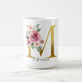 Waterverf Bloemen & Gouden Letter M, Naam Koffiemok