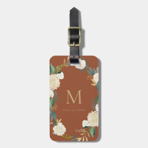 Waterverf Bloemen Goudfolie Monogram Terracotta Bagagelabel