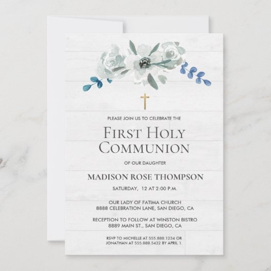 Waterverf Bloemen Goudkruis 1e Heilige Communie (Voorkant)