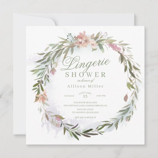 Waterverf Bloemen Greenery Krans Lingerie Douche Kaart (Voorkant)