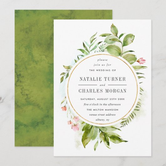 Waterverf Bloemen Groen Bladgroen Bruiloft Uitnodi Kaart (Voorkant / Achterkant)