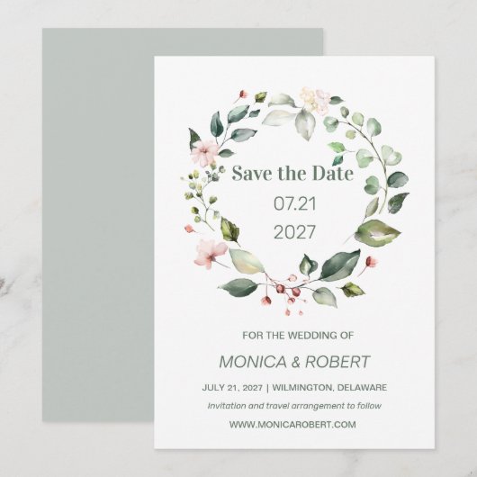 Waterverf bloemen, groen gebladerte Save the Date Kaart (Voorkant / Achterkant)