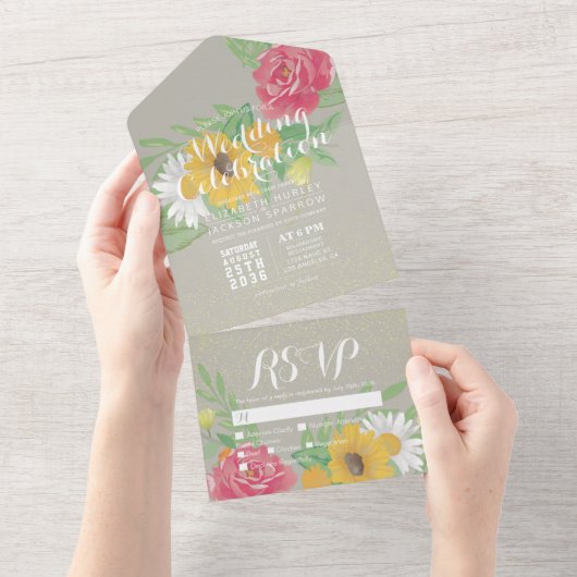 Waterverf bloemen Groen Glitter Weddenschap RSVP All In One Uitnodiging (Afscheurbaar)