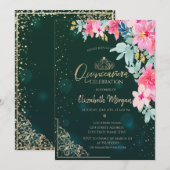 Waterverf Bloemen Groen Goud Tiara, Quinceañera Kaart (Voorkant / Achterkant)