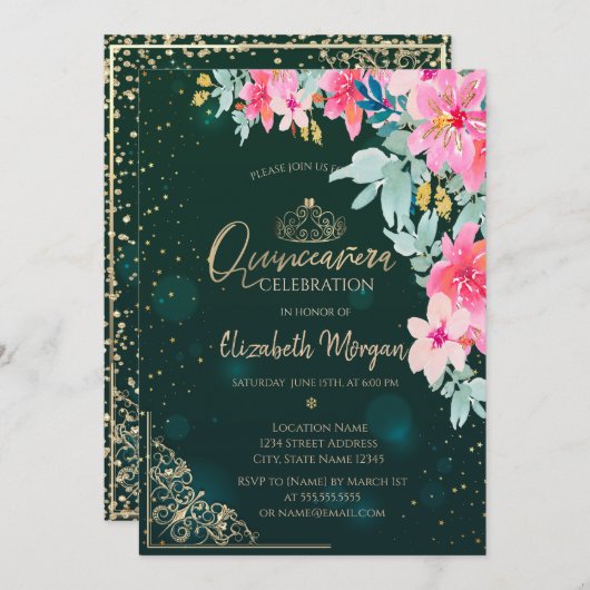 Waterverf Bloemen Groen Goud Tiara, Quinceañera Kaart (Voorkant / Achterkant)