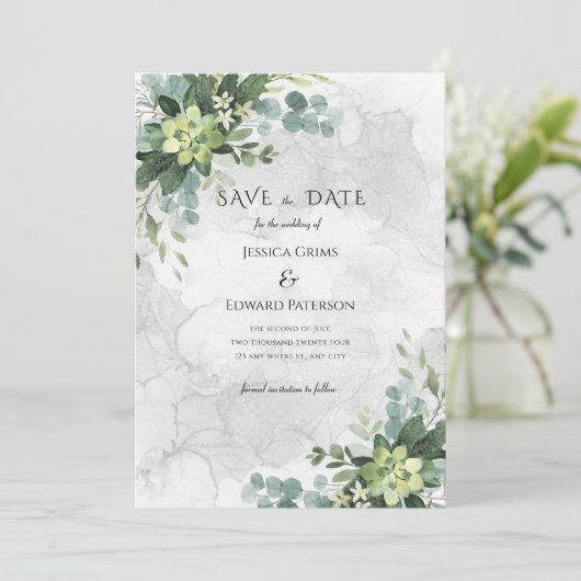 Waterverf Bloemen Groen Romantisch Verfijnd Save The Date (Staand voorkant)