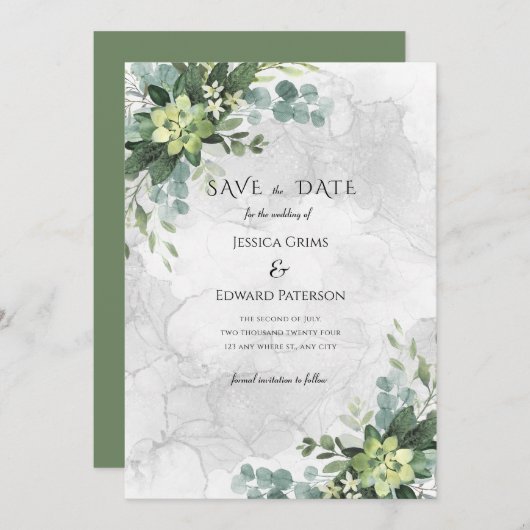 Waterverf Bloemen Groen Romantisch Verfijnd Save The Date (Voorkant / Achterkant)