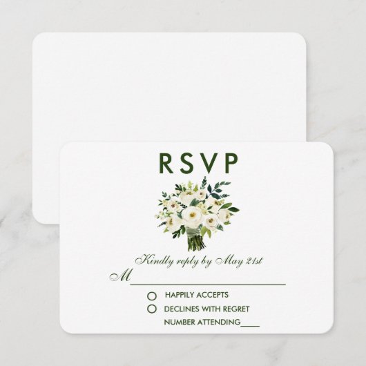 Waterverf Bloemen Groen Wit Boeket Bruiloft RSVP (Voorkant / Achterkant)