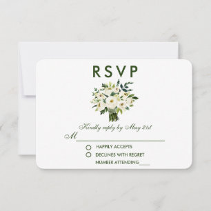 Waterverf Bloemen Groen Wit Boeket Bruiloft RSVP Kaartje