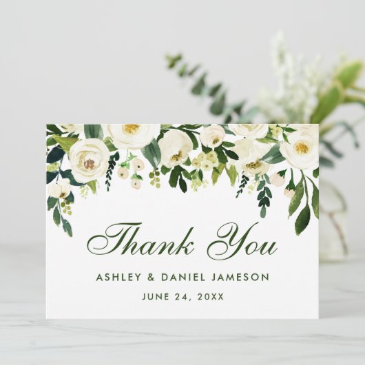 Waterverf Bloemen Groen Wit Bruiloft Dank u GB Bedankkaart (Staand voorkant)