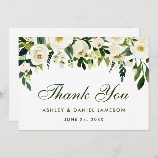 Waterverf Bloemen Groen Wit Bruiloft Dank u GS Bedankkaart (Voorkant / Achterkant)
