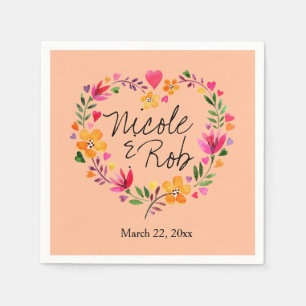 Waterverf Bloemen Hart Krans bruiloft peach Servet