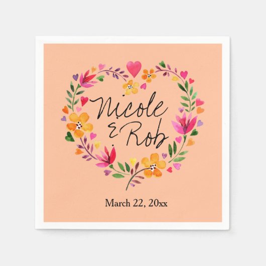 Waterverf Bloemen Hart Krans bruiloft | peach Servet (Voorkant)