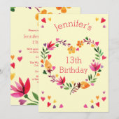 Waterverf Bloemen Hart Krans Meisje 13e Verjaardag Kaart (Voorkant / Achterkant)