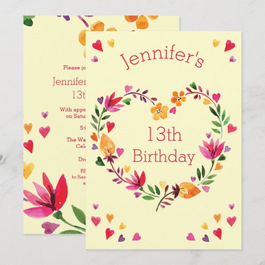 Waterverf Bloemen Hart Krans Meisje 13e Verjaardag Kaart (Voorkant / Achterkant)