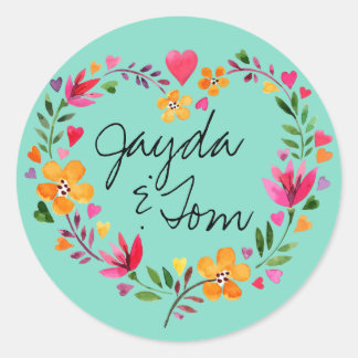 Waterverf Bloemen Hartkrans | DE KLEUR WIJZIGEN Ronde Sticker