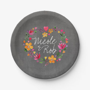 Waterverf Bloemen Hartkrans Krijtbord grijs Papieren Bordje