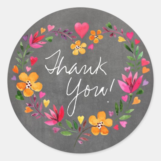 Waterverf Bloemen Hartkrans | Krijtbord grijs Ronde Sticker (Voorkant)